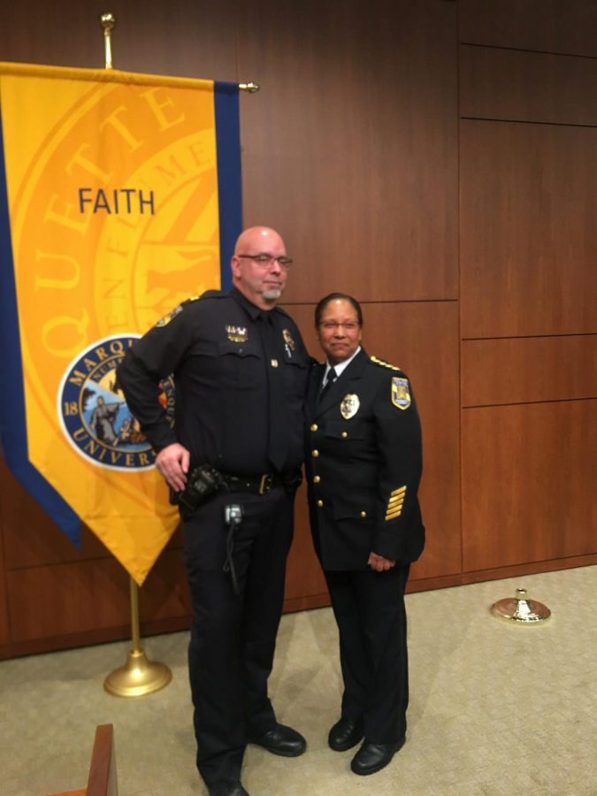 Former interim chief Capt. Jeff Kranz (left) poses for a photo with Chief Edith Hudson, who was sworn in Monday afternoon.