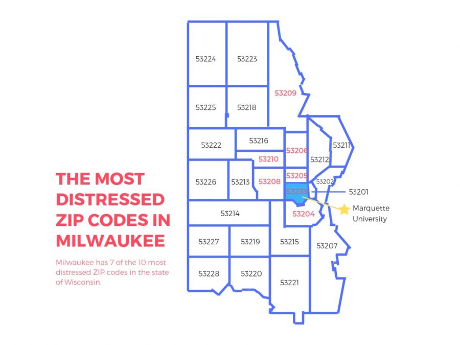 53233, where Marquette is located, is the most distressed ZIP code area in Wisconsin.
Graphic by Emma Tomsich 