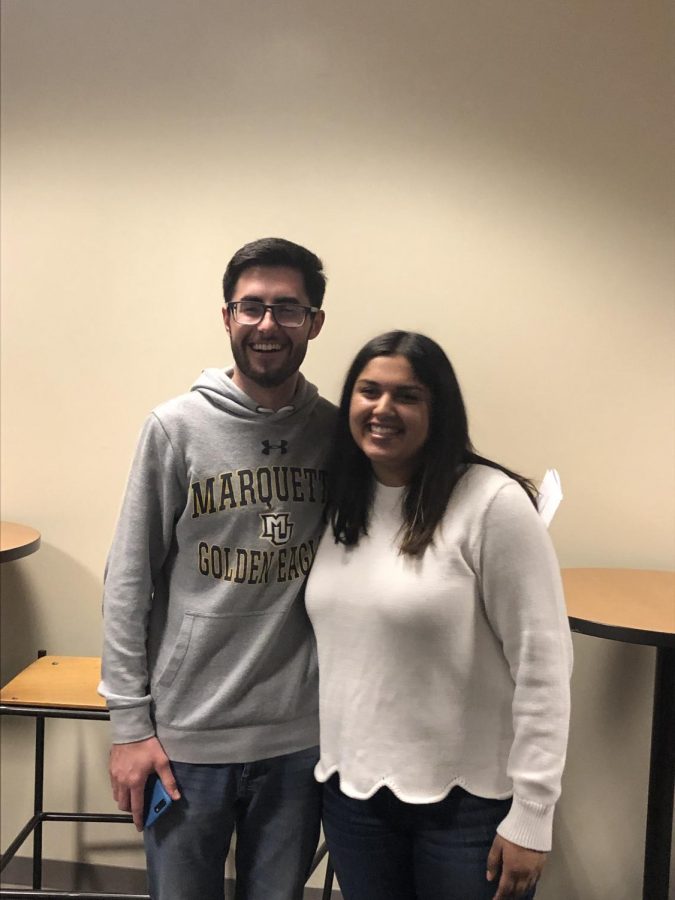 Dan Brophy and Sara Manjee stand together after the results from the 2019 spring elections were announced. Brophy will be the new executive vice president and Manjee will be the next president for MUSG. 