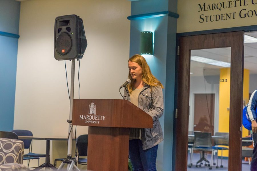 Current+Marquette+University+Student+Government+President+Meredith+Gillespie+announces+the+results+for+president+and+executive+vice+president+are+postponed+until+5+p.m.+tonight.+