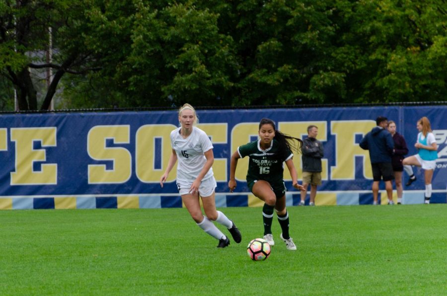 Alyssa Bombacino (left) pursues the ball in Marquette's 2-1 win over Colorado State at Valley Fields on Sept. 22.