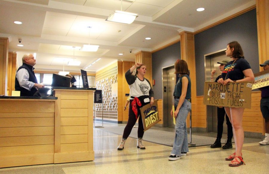 Mary Claire Burkhardt, a senior in the College of Education, tells fellow protestors that they will return Monday to deliver their letter to administrators.