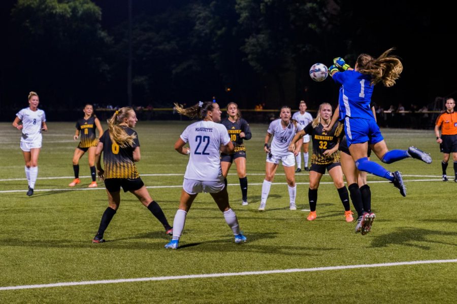 UWM goalkeeper Elaina LaMacchia reaches for the ball in MUs 1-0 loss to the Panthers Sept. 15 at Engelmann Stadium.