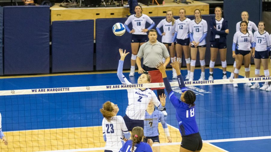 First-year+outside+hitter+Hannah+Vanden+Berg+goes+up+against+the+Bluejays+in+MUs+loss+Oct.+12+at+the+Al+McGuire+Center.