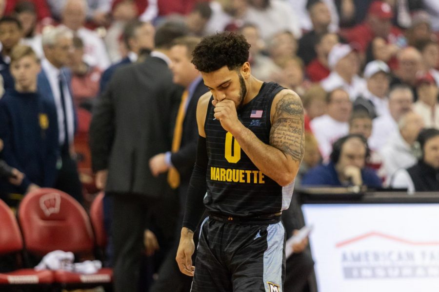 Markus Howard (0) scored 18 points in Marquettes 77-61 loss to Wisconsin Sunday.