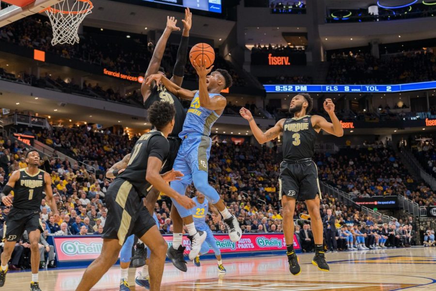 Redshirt junior guard Koby McEwen finished with 23 points in MUs 65-55 win against Purdue Nov. 13 at Fiserv Forum.