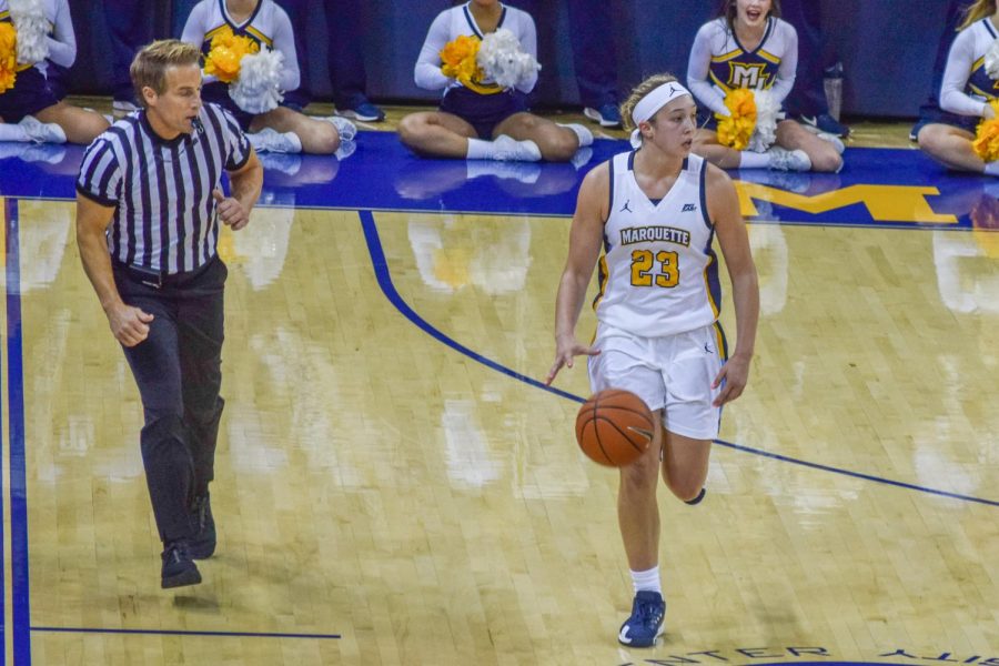 Jordan King brings the ball up in Marquettes 93-47 exhibition win against Winona State.