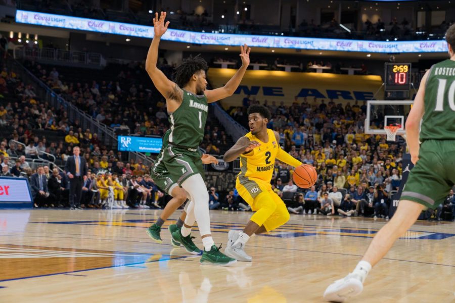 Sacar Anim works against the Loyola Maryland defense in Marquettes win at Fiserv Forum Nov. 5.