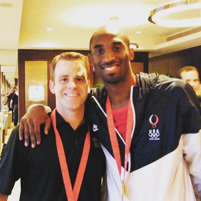 Mens basketball coach Steve Wojciechowski poses with Kobe Bryant, who he coached on the USA Olympic Team. (Photo courtesy of Marquette Athletics and USA Basketball.)