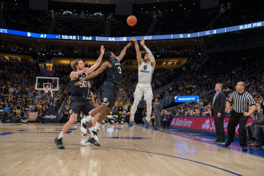 Markus Howard (0) attempts a 3-pointer in Marquettes 79-69 win over Butler at Fiserv Forum Feb. 20, 2019.