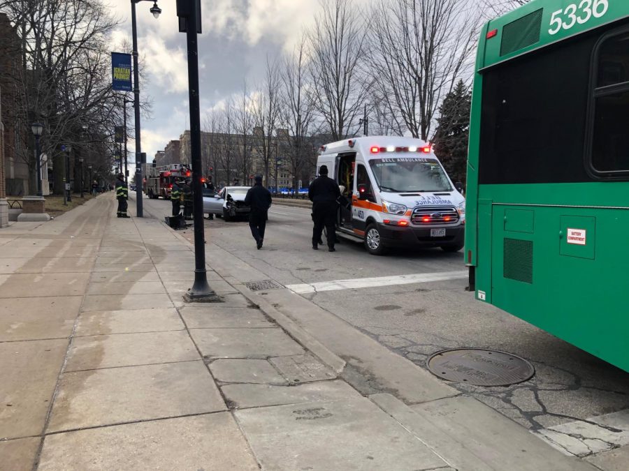 A collision between a MCTS bus and car occurred outside Raynor Library.