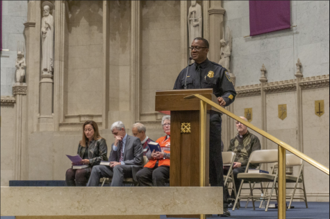 Jeffrey Norman, District Three Commander of the Milwaukee Police Department, speaks at the vigil. 