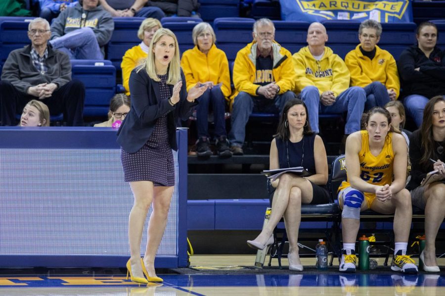 Marquette head coach Megan Duffy coaches from the sidelines in the Golden Eagles matchup against St. Johns Jan. 10.