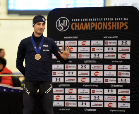 Emery Lehman, a senior in the College of Engineering, placed 3rd in the Mens 5000m race at the ISU Four Continents Championship in Milwaukee Jan. 31-Feb. 2. (Photo courtesy of Joseph Dorff.)