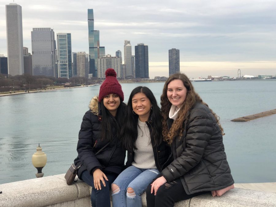 From L to R: Aarya Bavare, Zoe Comerford and Brianna Mitchell take a trip to downtown Chicago Jan. 2. Photo courtesy of Zoe Comerford.