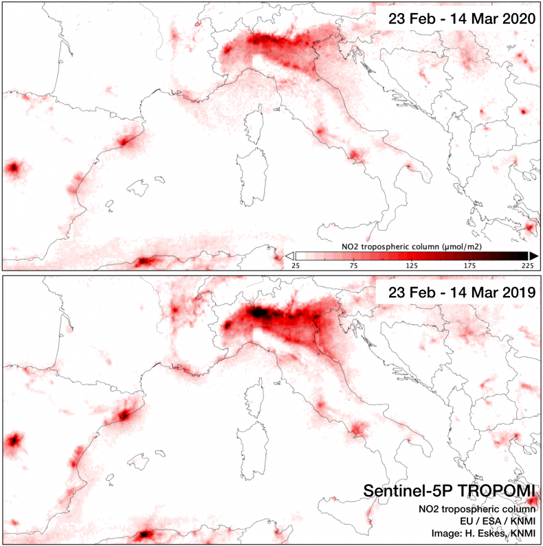 Nitrogen dioxide levels in Italy for March 2020 and 2019. Graphic via Newsweek. 