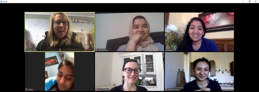 Aminah Beg meets with her colleagues on the leadership team of the Ott Memorial Writing Center on a Zoom call April 21. Top row (L to R):  Rebecca Nowacek, Aminah Beg and Nikita Deep. Bottom row (L to R): Maria Shenny, Jenn Fishman and Ariana Chapas. Photo courtesy of Aminah Beg.