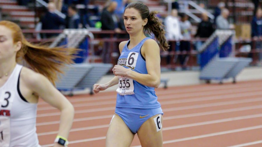 Emma+Moravec+runs+during+a+track+and+field+meet+March+1%2C+2020.+%28Photo+courtesy+of+Marquette+Athletics.%29