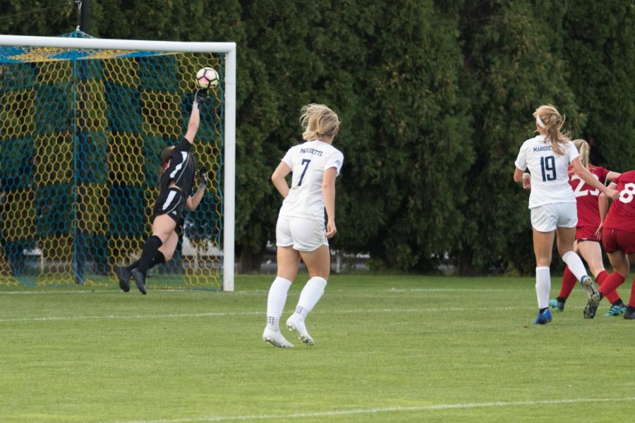 Alex Campana (19) attempting to score a goal against NIU in September of 2019. While Brianna Jaeger (7) is there for assistance. 