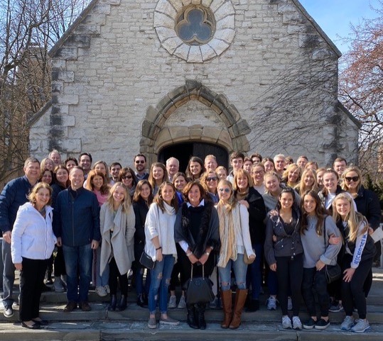 Katie Parks and daughters Madelyn and
Clare pose in front of St. Joan of Arc Chapel
during "Fuzzy's Weekend" of 2020. Photo courtesy Katie Parks.