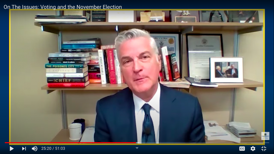 Mike Gousha, distinguished fellow in law and public policy at Marquette University Law School, hosted a conversation with election officials Sept. 16 to discuss the upcoming election and the impact of the pandemic on voting. Screenshot from the discussion