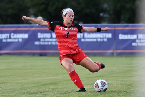 Hailey Block (7) goes to kick the soccer ball. (Photo courtesy of Southeast Missouri State.)