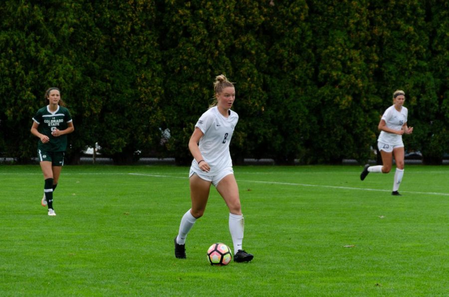 Marquette womens soccer forward Kylie Sprecher (8) dribbles the ball in Marquettes 2-0 loss against Colorado State Sept. 22, 2019.