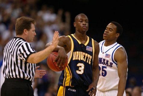Dwyane Wade plays on the court in the April 5, 2003 game against  Kansas in the NCAA Final Four. Photo courtesy the Department of Special Collections and University Archives, Marquette University Libraries