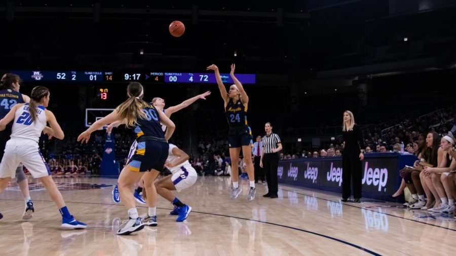 Selena Lott taking a shot against DePaul in the BIG EAS Tournament Finals March 9 at Wintrust Arena.