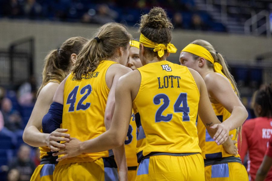 Marquette womens basketball huddles prior to their win over St. Johns on Jan. 10, 2020. (Marquette Wire Stock Photo)