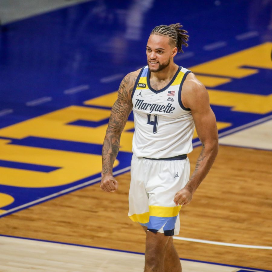 Theo John recorded a double-double for the Golden Eagles, posting 13 points and 12 rebounds (Photo courtesy of Marquette Athletics.)