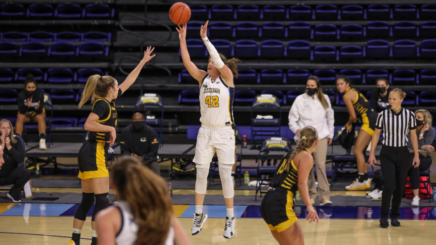 Lauren Van Kleunen (42) attempts a jumper in Marquettes 64-55 loss to University of Wisconsin-Milwaukee on Dec. 2. (Photo courtesy of Marquette Athletics)