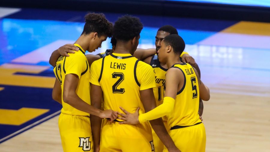 The Golden Eagles huddle during their game against Villanova on Dec. 23 (Photo courtesy of Marquette Athletics.)