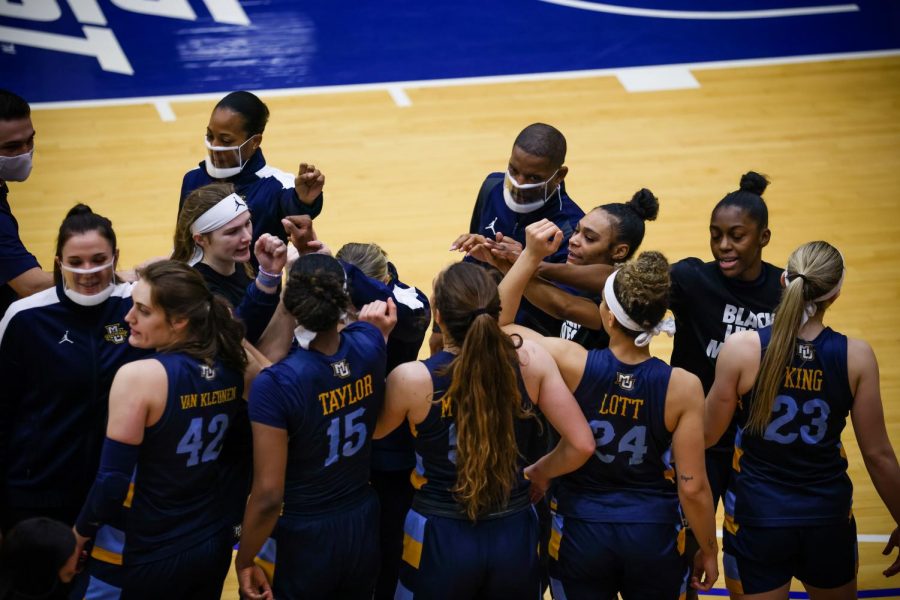 Marquette gathers for a huddle in their 77-66 loss to Seton Hall on Jan. 15. (Photo courtesy of Seton Hall Athletics.)