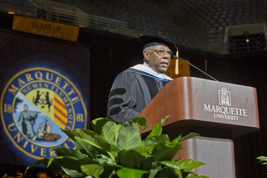 Hank Aaron was the speaker at Marquette's Commencement ceremony in 2012. (Photo courtesy of Marquette University.)