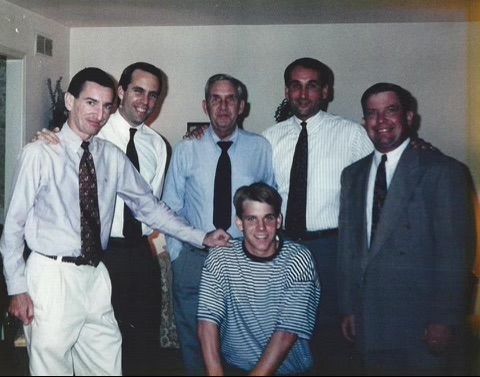 Steve Wojciechowski (kneeling front center) during his home visit in fall 1993 on the evening of his commitment to Duke. (Photo courtesy of Mike Dahlem and Philip Forte.)