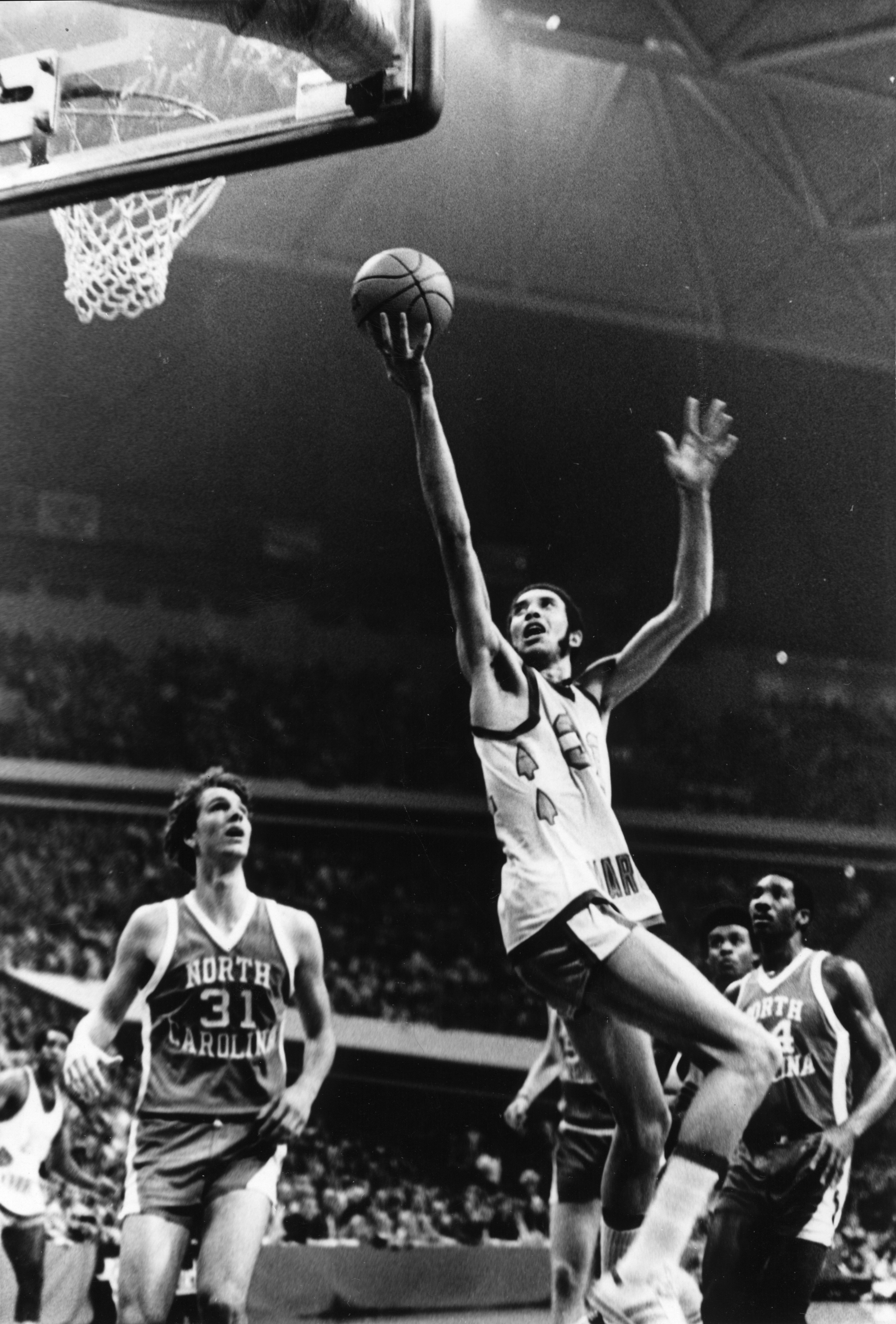 Former Marquette star, Bo Ellis, shoots a layup in the 1977 NCAA championship game against Norht Carolina, March 28, 1977. (Photo courtesy of Marquette Athletics.)
