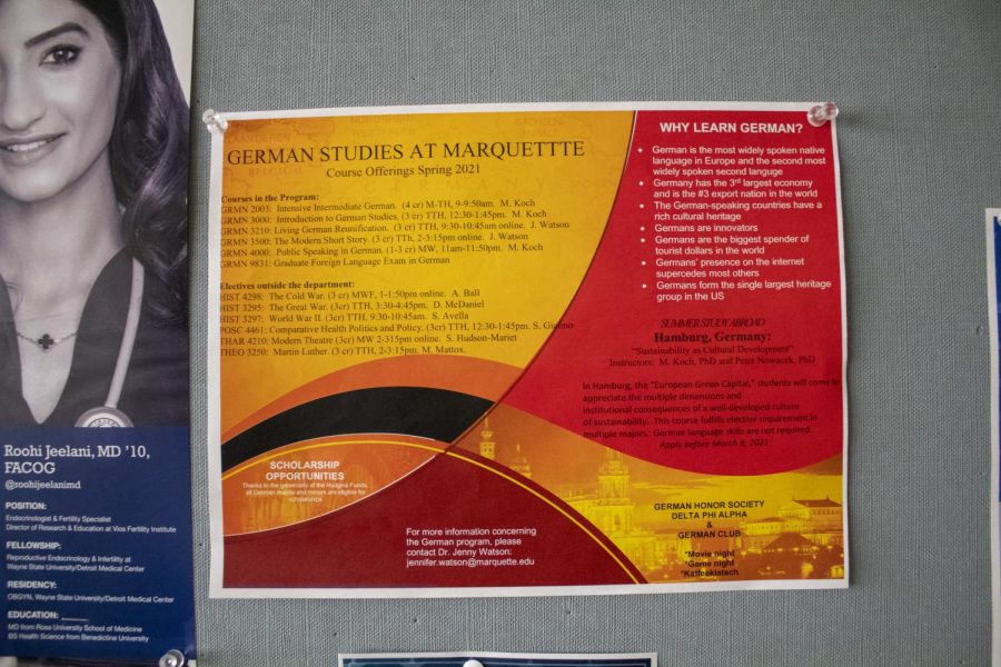 A German courses is posted outside of a classroom in Lalumiere Hall. 