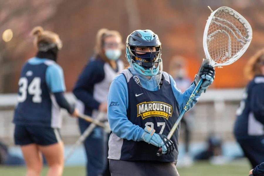 Senior goalie Sophia Leva (27) looks on as the team practices down at Valley Fields (Photo courtesy of Marquette Athletics.)