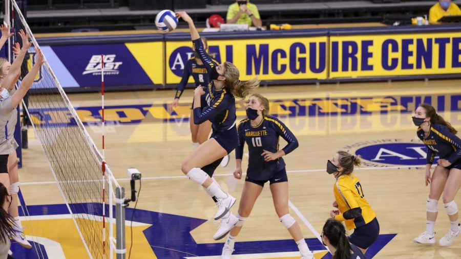 Marquette volleyball missed the NCAA Tournament for the first time in head coach Ryan Theiss tenure.  (Photo courtesy of Marquette Athletics.)
