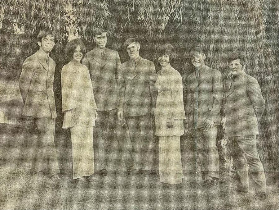 The Gregory James Band was featured in the October 4th, 1969 Edition of the Marquette Tribune. Pictured is (left to right) Jim Furman, Barb Ross, Greg Samuels, Jim Finn, Lynn Ross, Dave Uebele, and Tom Lourinne.