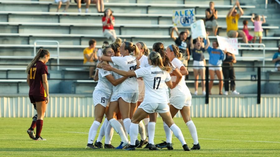 Marquette womens soccer celebrates after a goal in its 4-3 win over Central Michigan Aug. 19. (Photo courtesy of Marquette Athletics.)