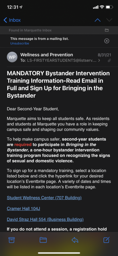 Email Informing all Marquette sophomores to register for Bystander intervention training. 