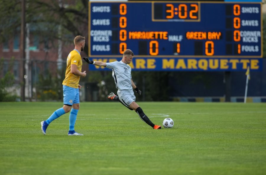 Chandler Hallwood (31) takes a free kick in Marquettes 2-0 win over UW-Green Bay Aug. 26. (Photo courtesy of Marquette Athletics.) 