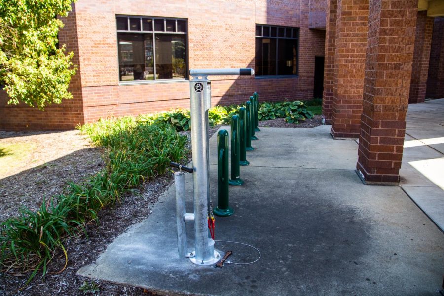 Bike repair stations can be found around campus to improve sustainability. 