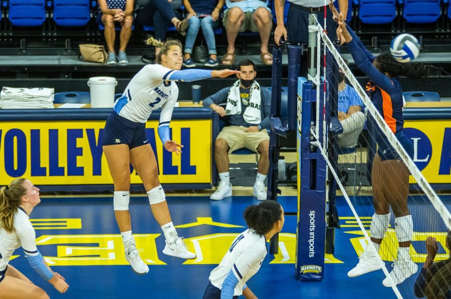 Hannah Vanden Berg finishes a kill in Marquettes 3-0 victory over UTSA Sept. 17. 