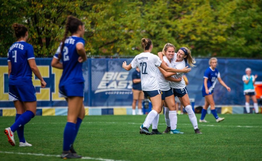 Marquette womens soccer celebrates after Hailey Blocks goal in the 69th minute in its 1-0 win over Seton Hall Oct. 3. 