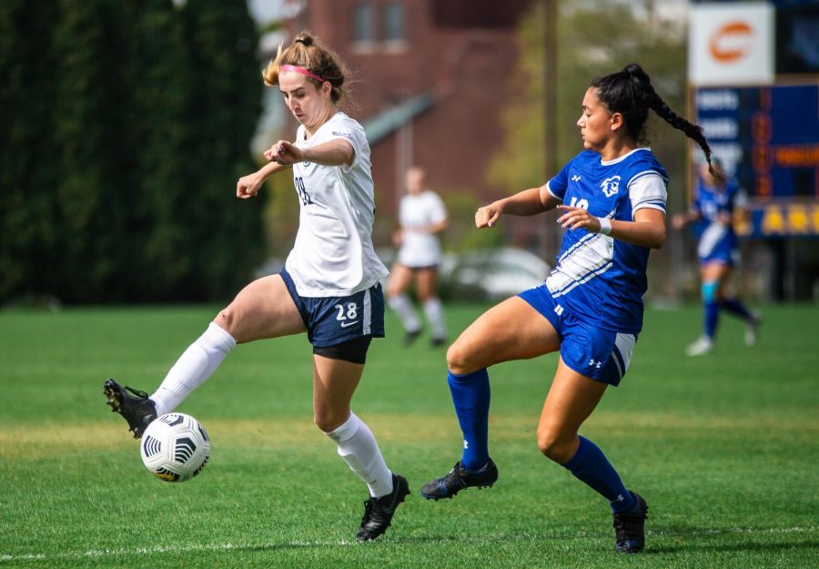 First-year forward Maggie Starker attempts to get a touch on the ball during Marquettes 1-0 win over Seton Hall Oct. 3. 