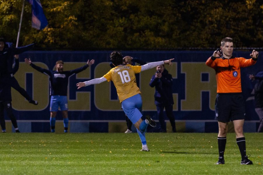 AJ+Franklin+%2818%29+celebrates+after+his+goal+in+the+86th+minute+in+Marquettes+1-0+upset+over+No.+1+Georgetown+Oct.+29.+%28Photo+courtesy+of+Marquette+Athletics.%29