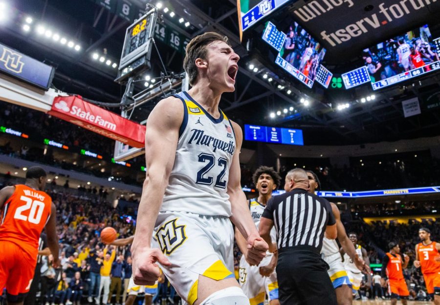 Redshirt first-year guard Tyler Kolek after scoring a layup in Marquette mens basketballs 67-66 win over No. 10 Illinois Nov. 15. 